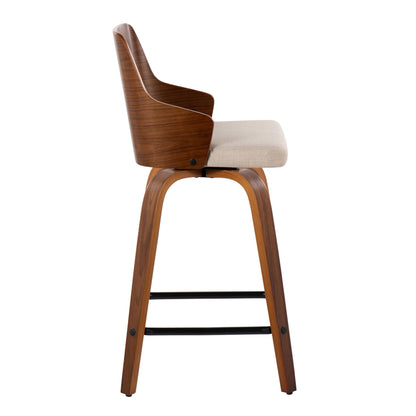Ariana - Mid-Century Modern Fixed Height Counter Stool With Swivel Square Footrest (Set of 2) - Walnut / Beige