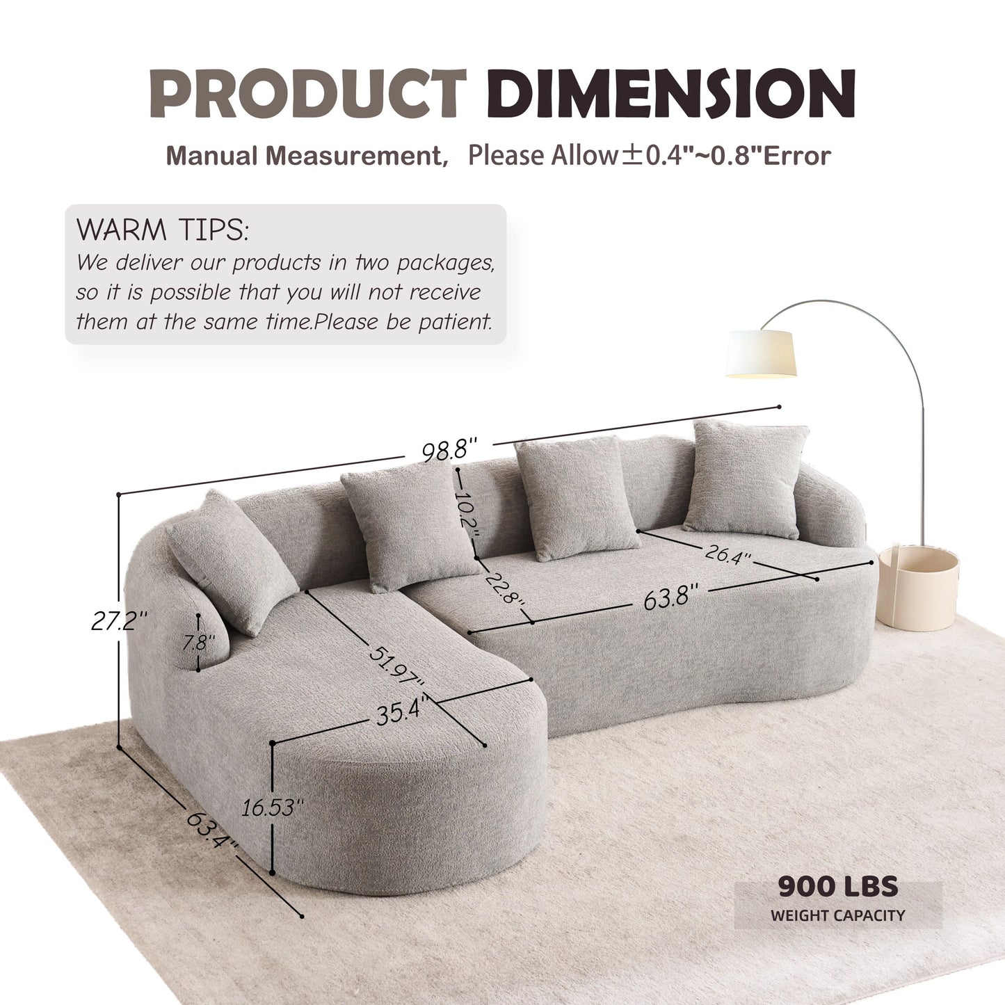 Compression Sofa: Combining Chaise Longue With 3 Seater, Wood Grain Chenille Fabric, Full Sponge Compression Sofa, Combined Sofa With 4 Pillows For Living / Home Furniture / Apartment - Gray