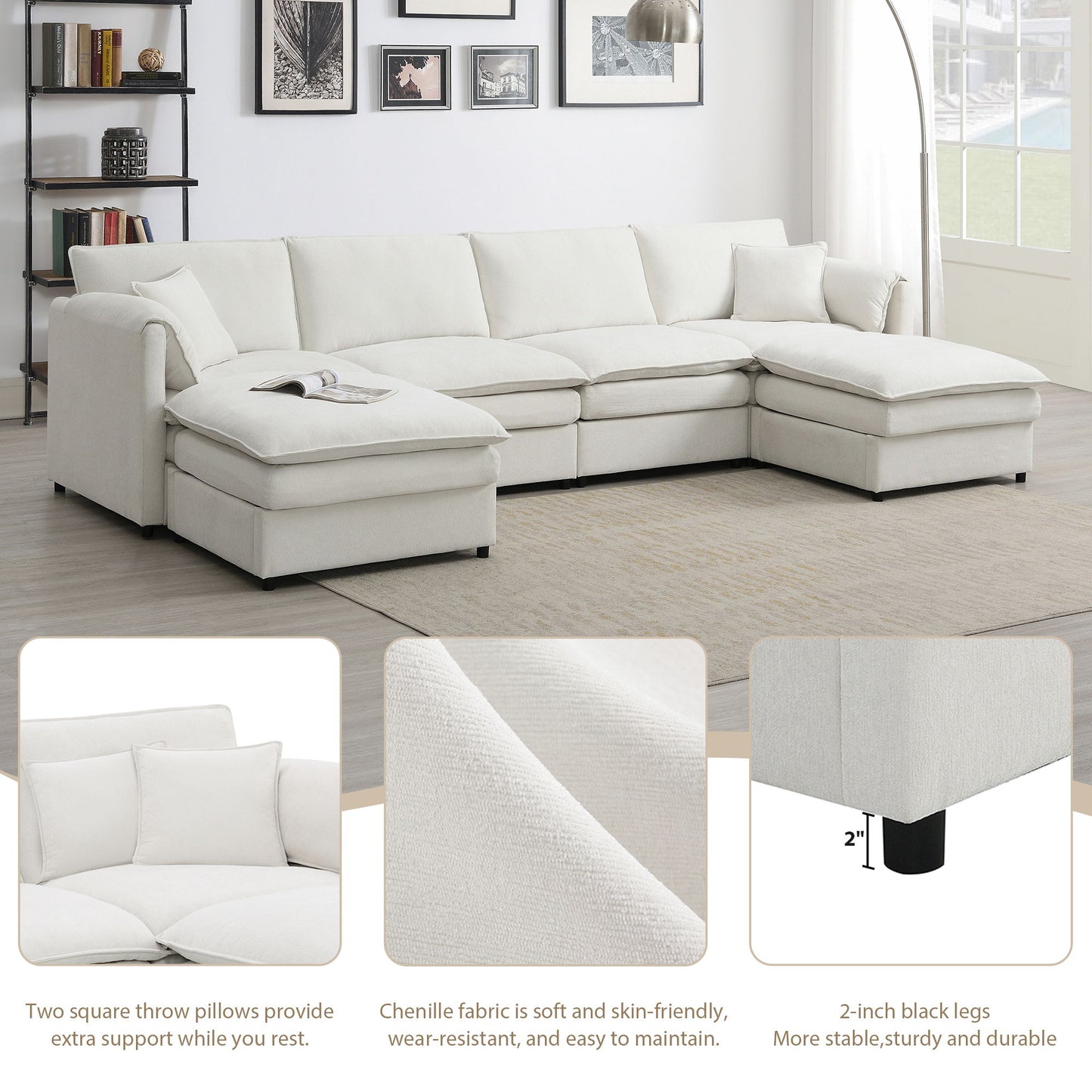 Chenille Modular Sectional Sofa, U Shaped Cloud Couch Set With Double Cushions, 6 Seat Sleeper Sofa Bed With Ottomans, Oversized Indoor Furniture - Cream