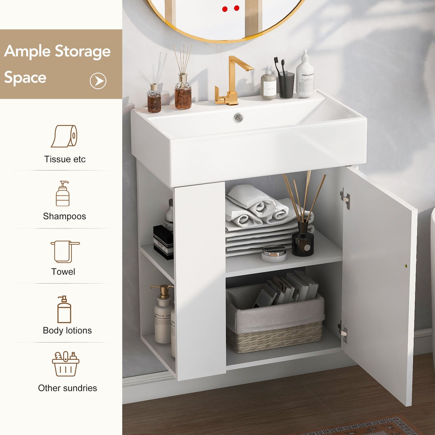 Modern Floating Bathroom Vanity With Ceramic Basin Perfect For Small Bathrooms, Left Side Storage - White