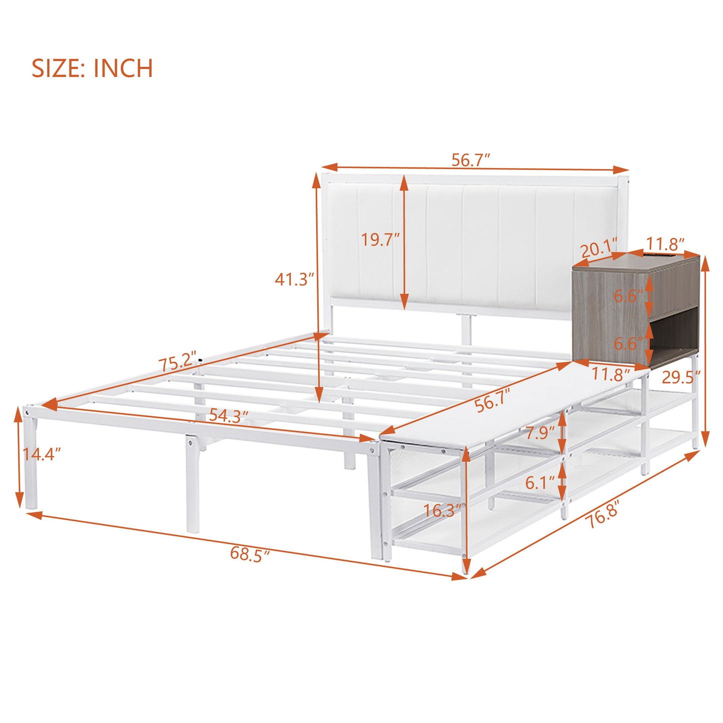 Full Size Platform Bed With 2 Tier Storage Shelves, Storage Cabinet - White