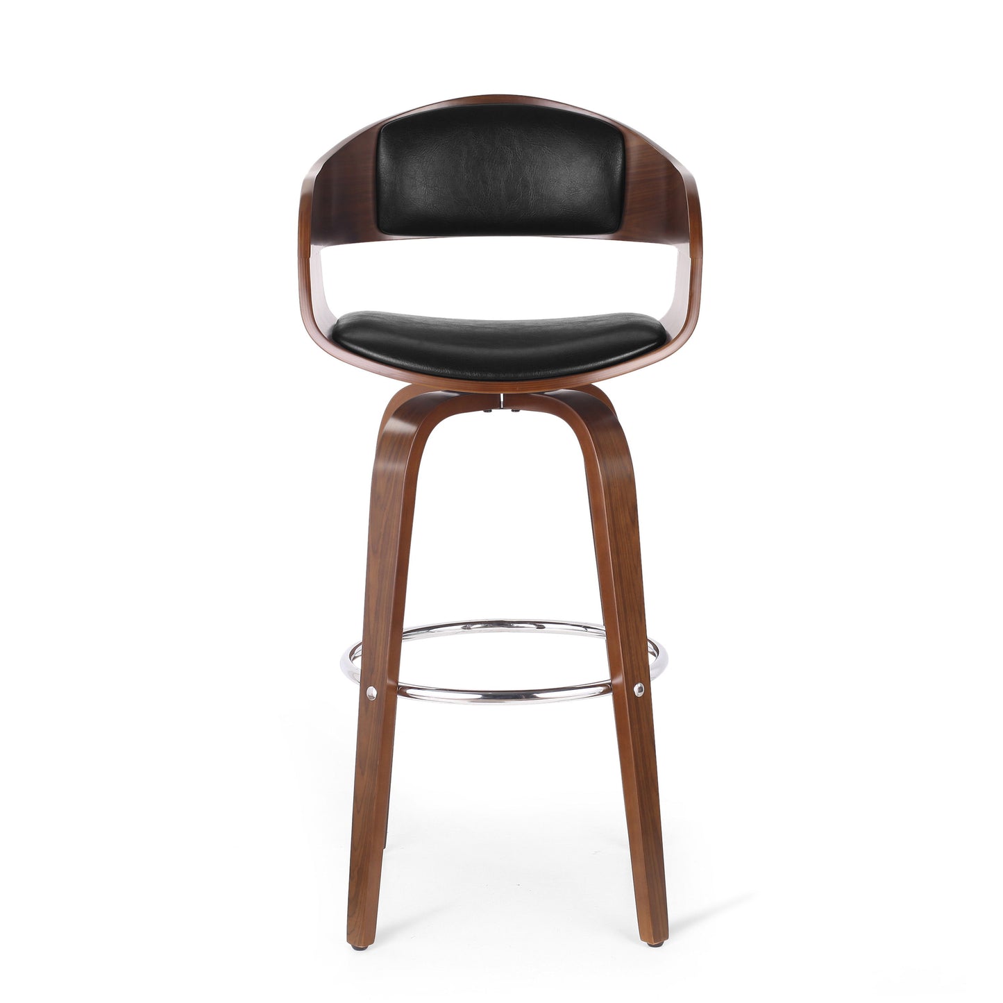 Upholstered Swivel Barstool With Wood Frame / Chrome Footrest - Walnut / Black