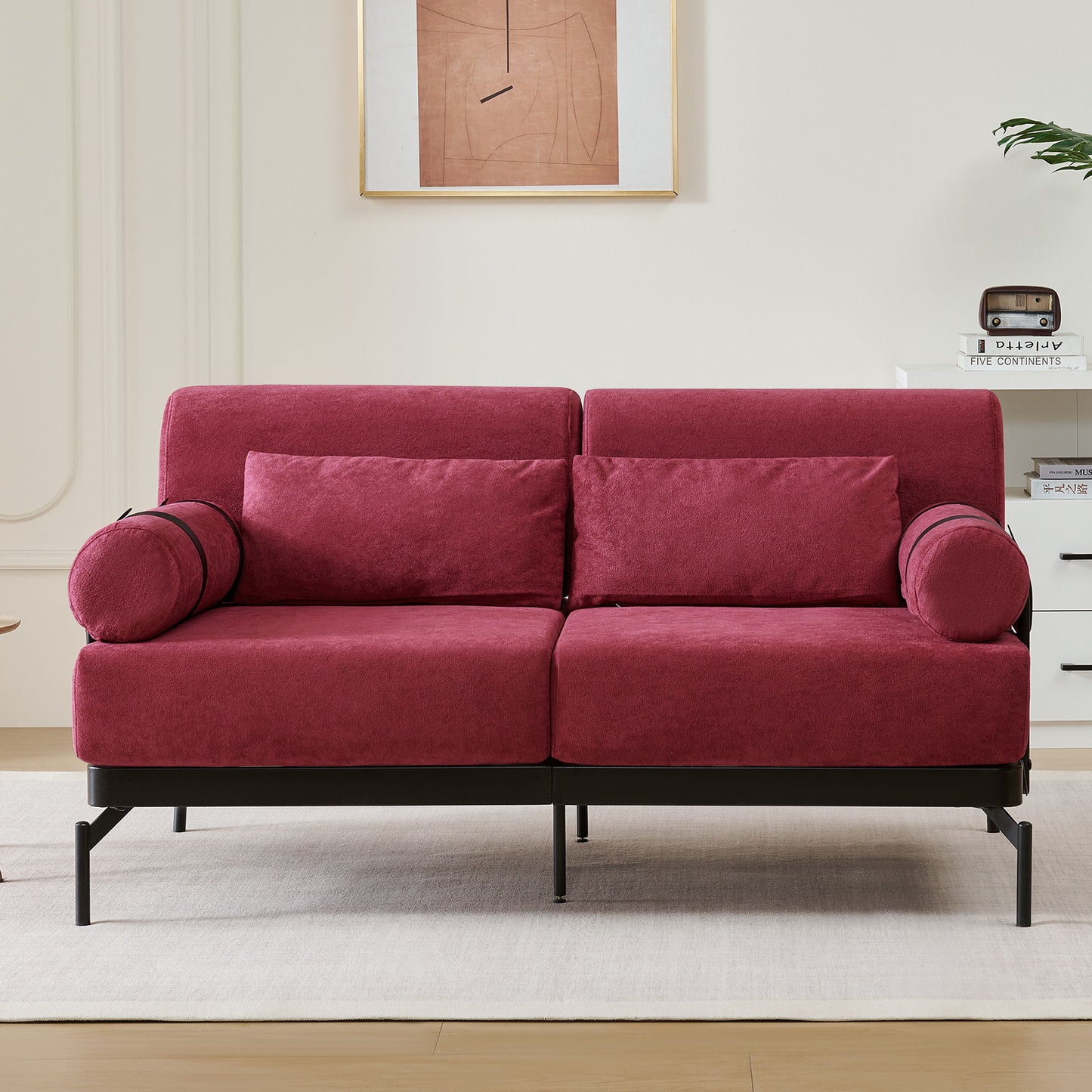 Modern Loveseat Sofa 59" Sofa Couch 2 Seater With USB Ports, Unique Cylindrical Armrests - Red