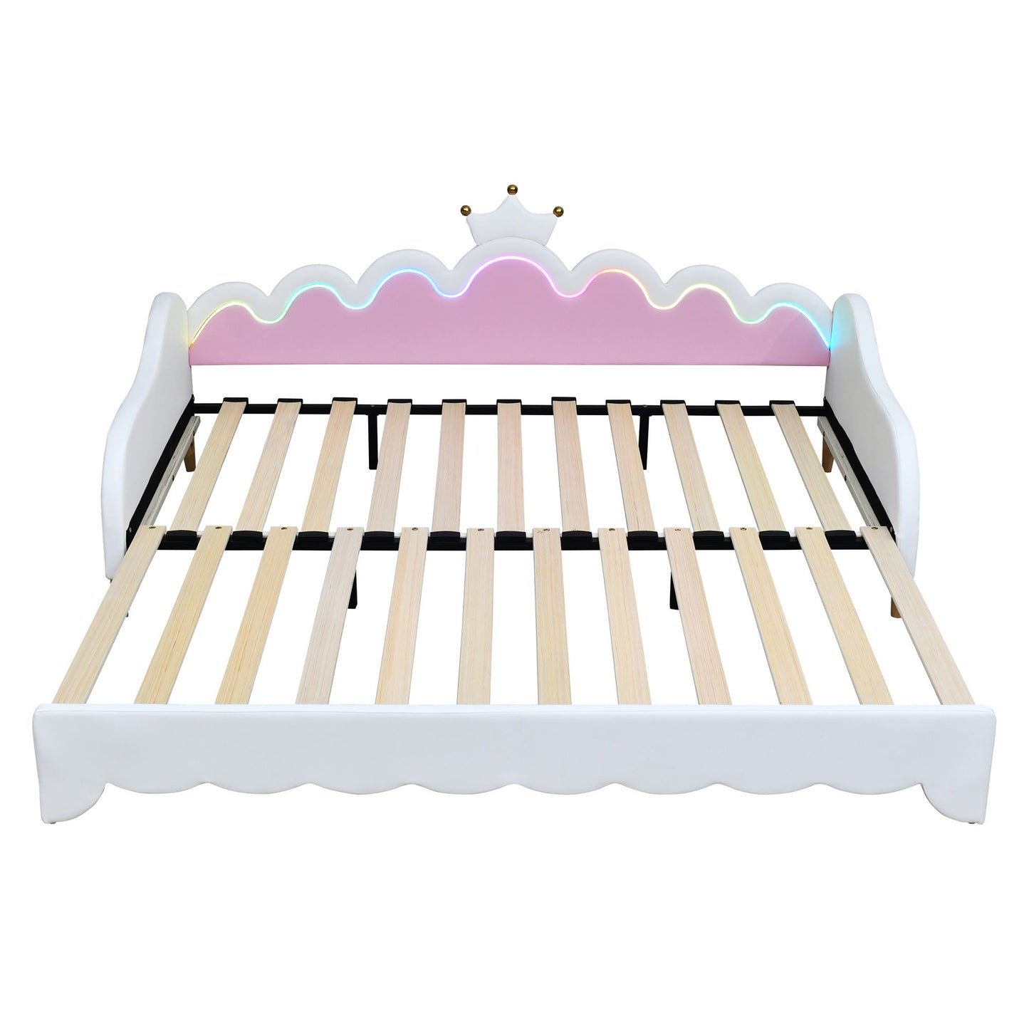 Twin Extending Daybed With LED Lights, Modern Upholstered Princess Daybed With Crown Headboard - White