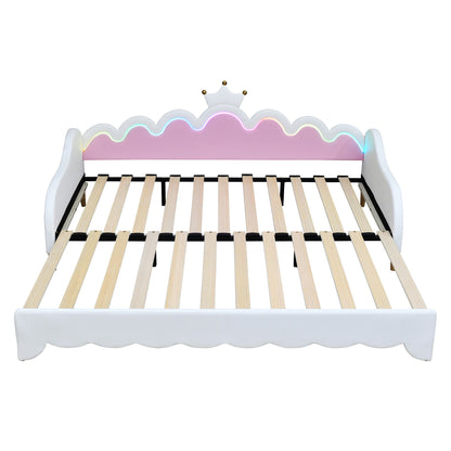Twin Extending Daybed With LED Lights, Modern Upholstered Princess Daybed With Crown Headboard - White