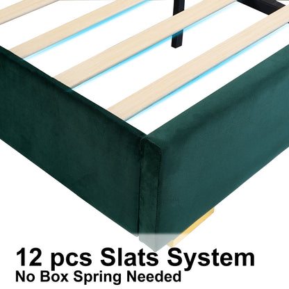 Upholstered Queen Size Bed Frame Of Velvet Tufted Headboard With Floating Nightstand LED / USB Built - Green