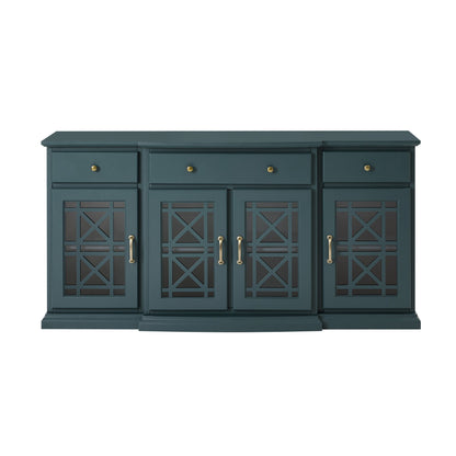 Classic Fretwork Detailed Glass Door Sideboard - Dark Teal