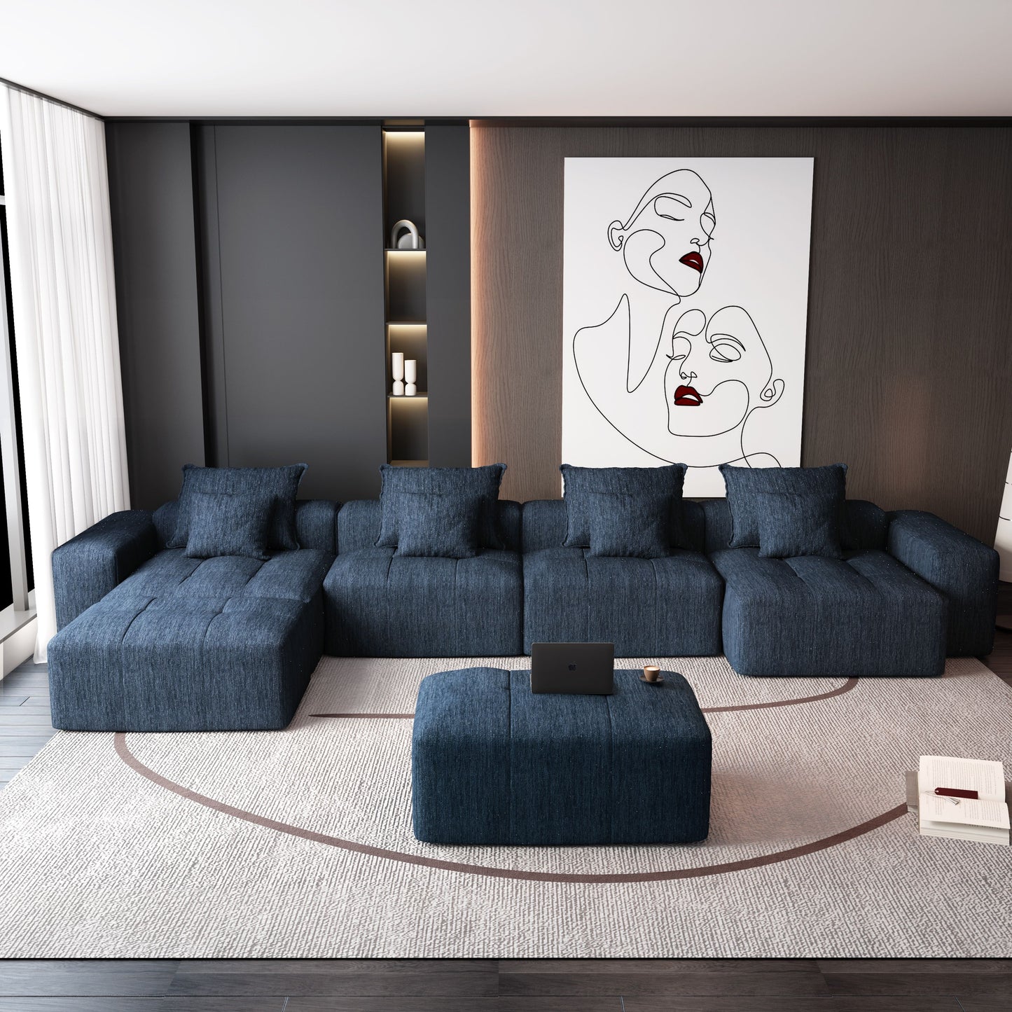 Modern Oversized Modular Sectional Sofa, Sparkling Chenille Fabric Soft Cushion Sofa With 8 Pillows, 8 Pieces Diy Combination Tufted Sofa, No Assembly Required - Blue
