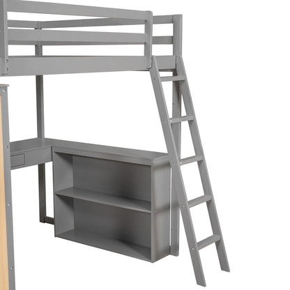 Full Size Loft Bed With Ladder, Shelves, And Desk - Gray