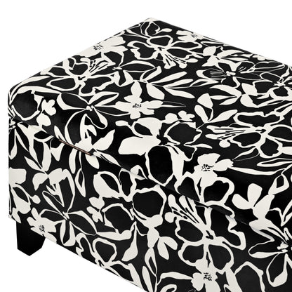 Luxury Storage Ottoman With Floral Patterned Fabric, Soft Close Hinges, Multi Functional Footrest & Seat - Black Floral / White
