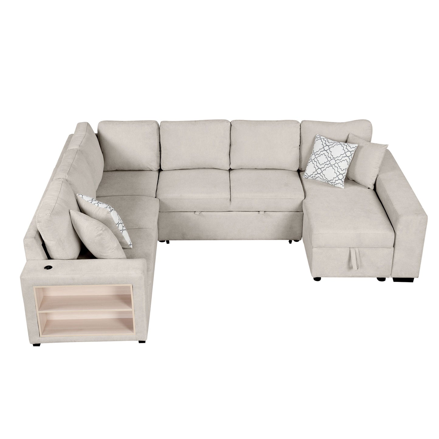 U-Shaped Sectional Sofa Pull-Out Sofa Bed With Two USB Ports, A Storage Chaise Lounge And Four Back Pillows For Living Room - Beige