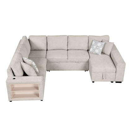 U-Shaped Sectional Sofa Pull-Out Sofa Bed With Two USB Ports, A Storage Chaise Lounge And Four Back Pillows For Living Room - Beige