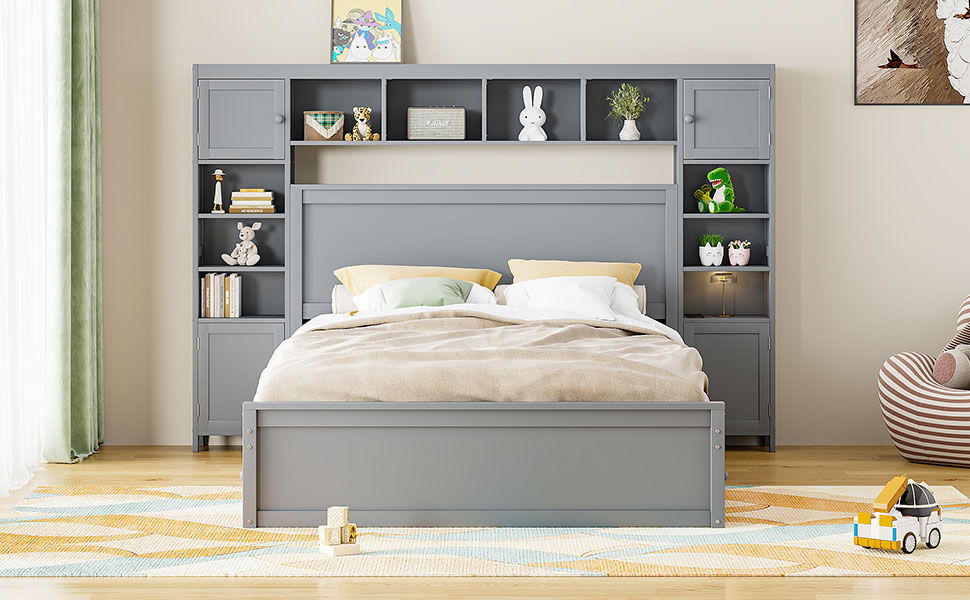 Queen Size Bed With All In One Cabinet, Shelf And Sockets - Gray