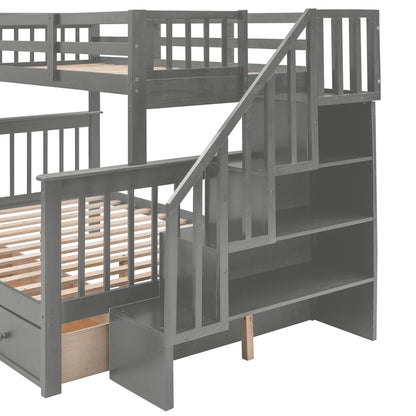 Twin Over Full Stairway Bunk Bed With Drawer, Storage And Guard Rail For Bedroom - Gray