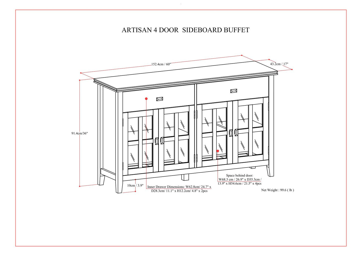 Artisan - Large 4 Door Sideboard Buffet - Dark Chestnut Brown