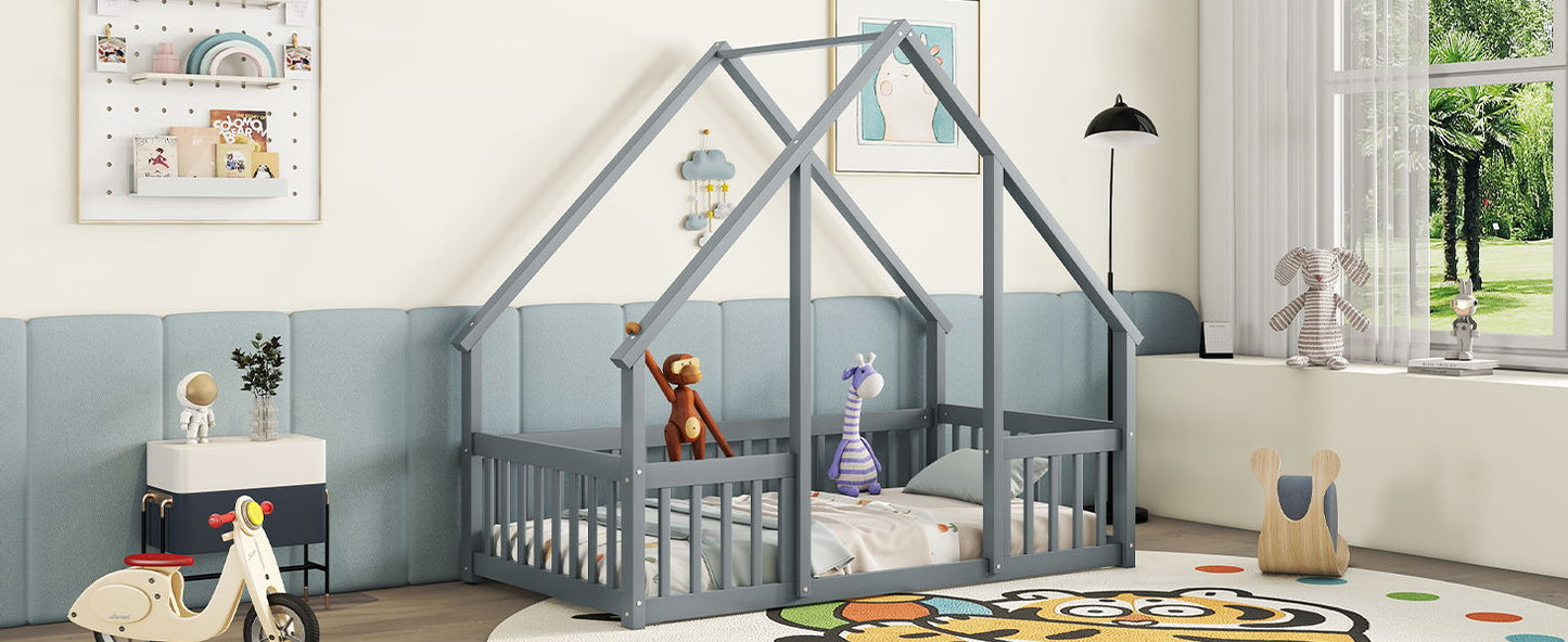 Twin Wood House-Shaped Floor Bed With Fence, Guardrails - Gray
