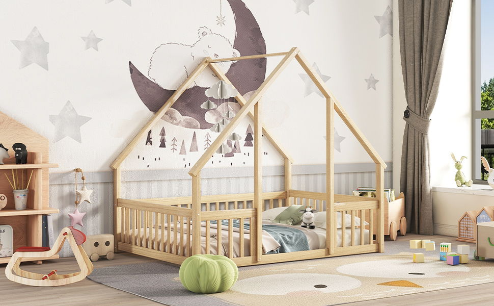 Full Wood House-Shaped Floor Bed With Fence, Guardrails - Natural
