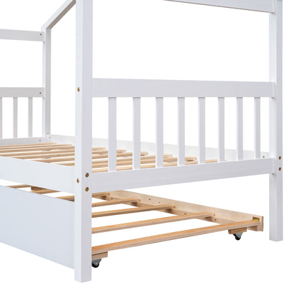 Twin Size House Bed With Twin Size Trundle - White