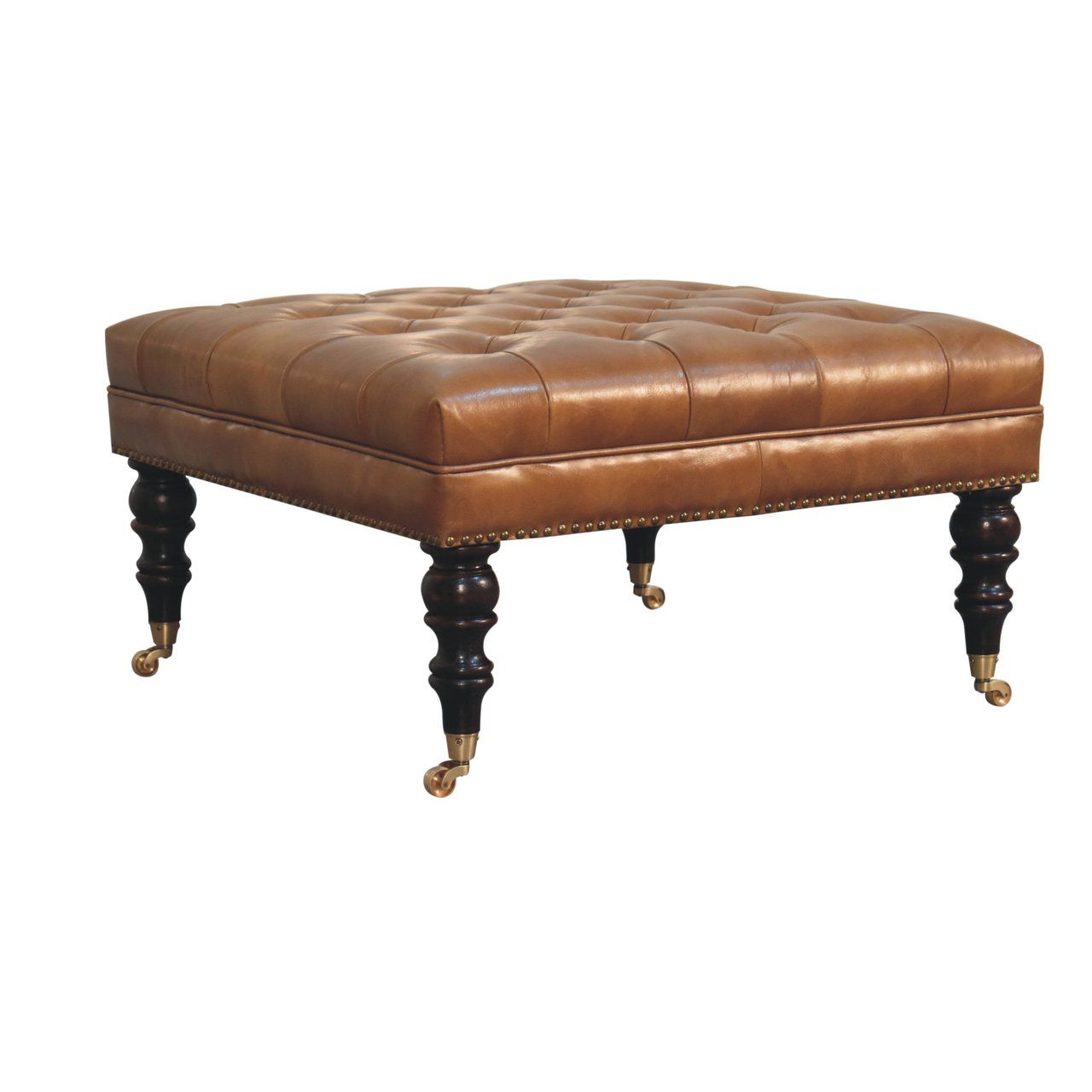 Buffalo - Studded Leather Ottoman With Castor Legs - Tan