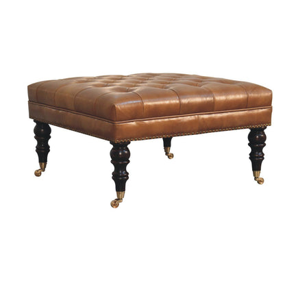 Buffalo - Studded Leather Ottoman With Castor Legs - Tan