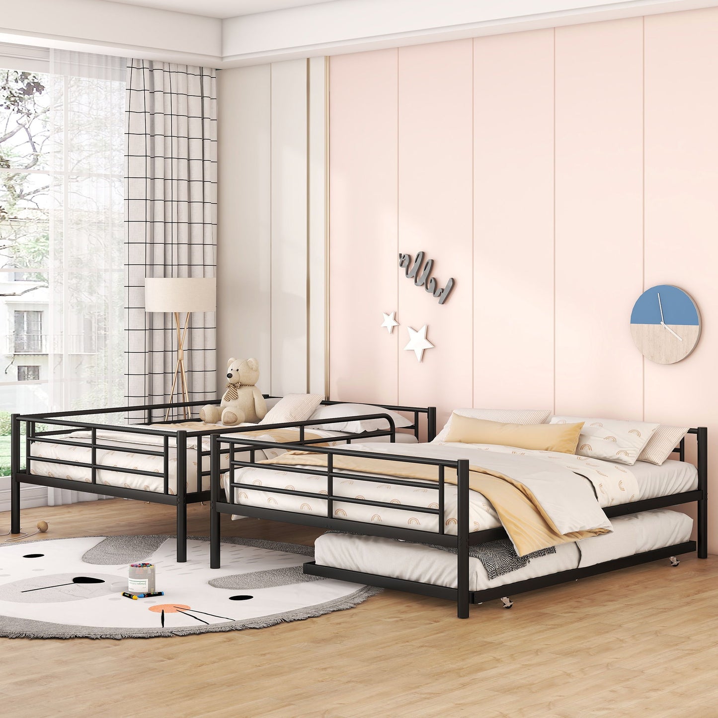 Full Long Over Queen Metal Bunk Bed With Trundle - Black