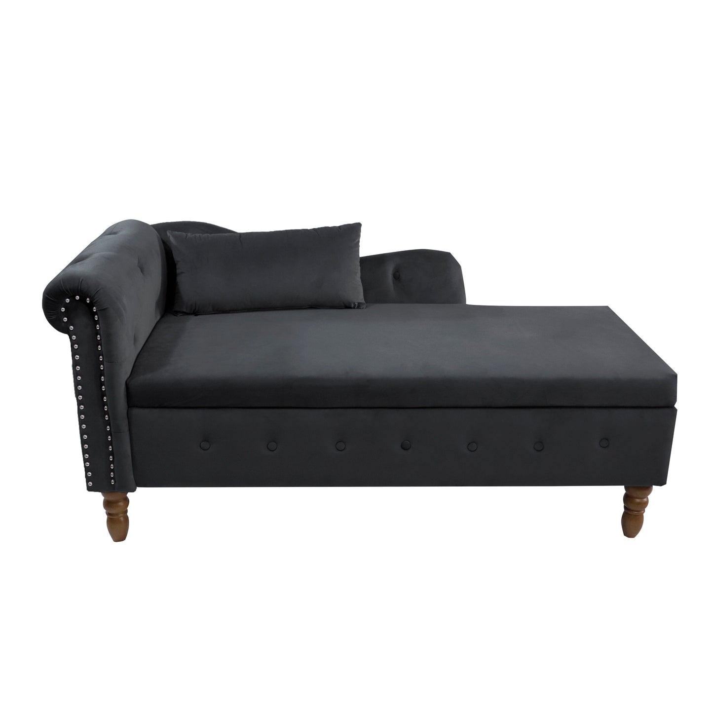 Chaise Lounge Indoor, Velvet Lounge Chair For Bedroom With Storage & Pillow, Modern Upholstered Rolled Arm Chase Lounge For Sleeping With Nailhead Trim For Living Room Bedroom Office - Black