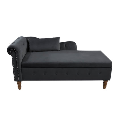 Chaise Lounge Indoor, Velvet Lounge Chair For Bedroom With Storage & Pillow, Modern Upholstered Rolled Arm Chase Lounge For Sleeping With Nailhead Trim For Living Room Bedroom Office - Black