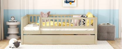 Full Size Daybed With Trundle And Fence Guardrails - Natural