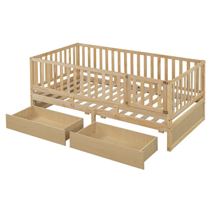 Twin Size Daybed With Fence Guardrails And 2 Drawers, Versatile Split Floor Bed & Daybed - Natural