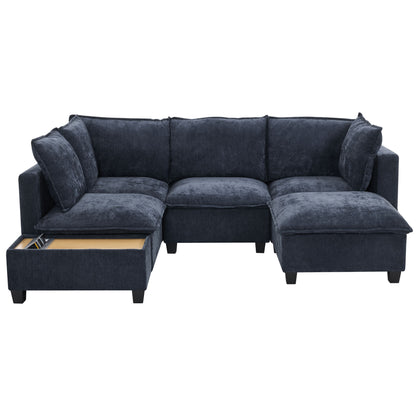 U - Shaped Sectional Sofa Modular Sofa Couch With A Movable Ottoman, A Coffee Table With Hidden Charging Devices For Living Room - Blue