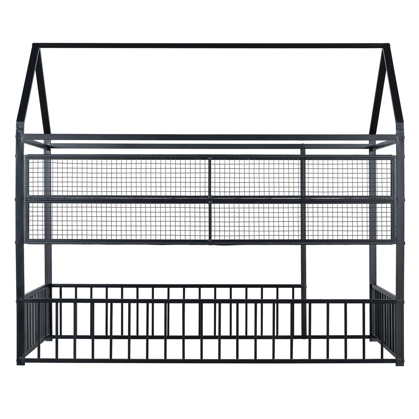 Twin Size Bed House Frame With Fence And Shelves - Black