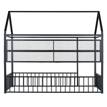 Twin Size Bed House Frame With Fence And Shelves - Black