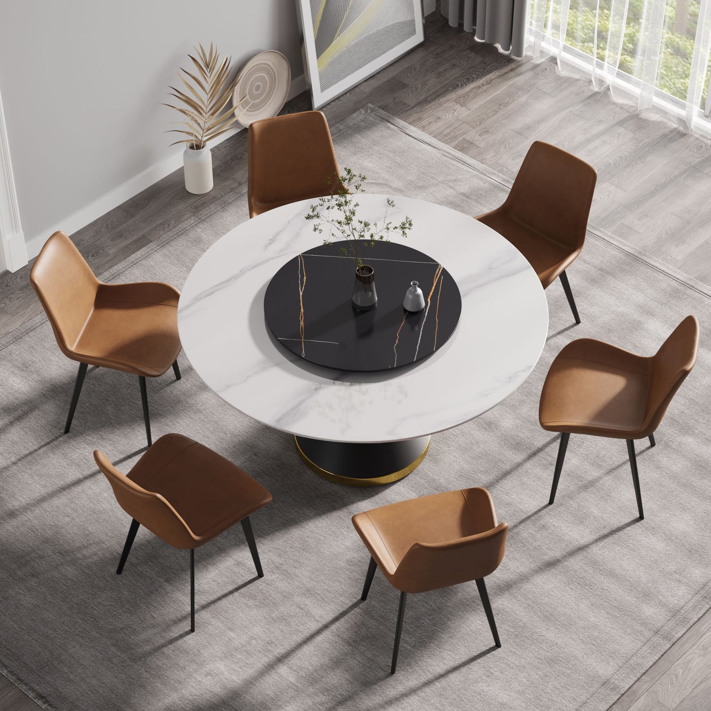 59.05" Modern Artificial Stone Round Carbon Steel Base Dining Table, Black Artificial Stone Turntable - White / Black