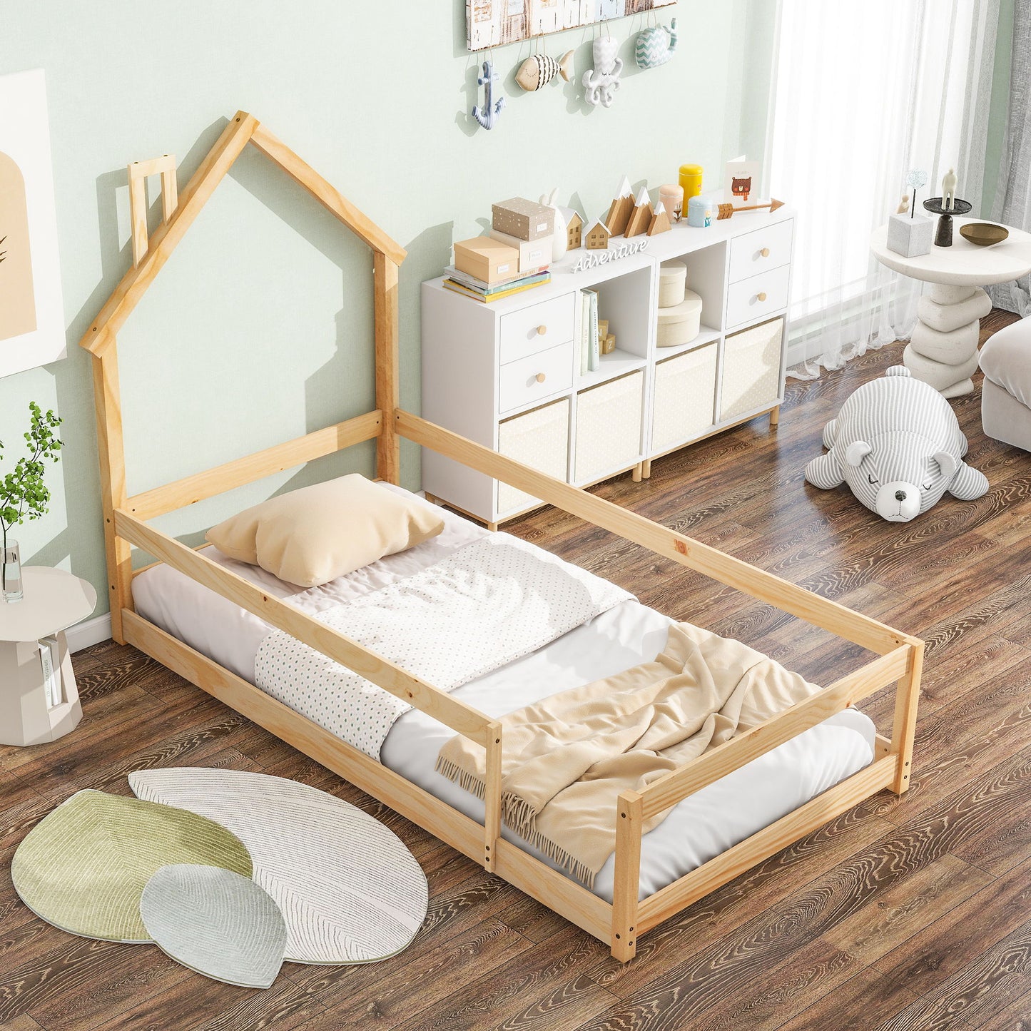 Twin Size Wood Bed With House Shaped Headboard Floor Bed With Fences - Natural