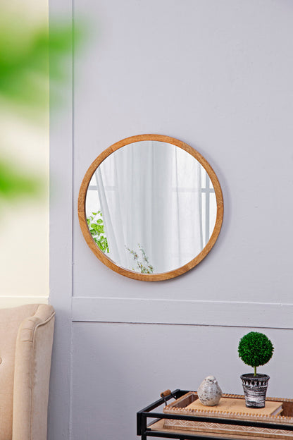 Circle Wall Mirror With Wooden Frame, Wall Mirror For Living Room - Brown