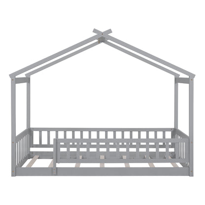 Twin Size Bed House Bed Frame With Fence - Gray