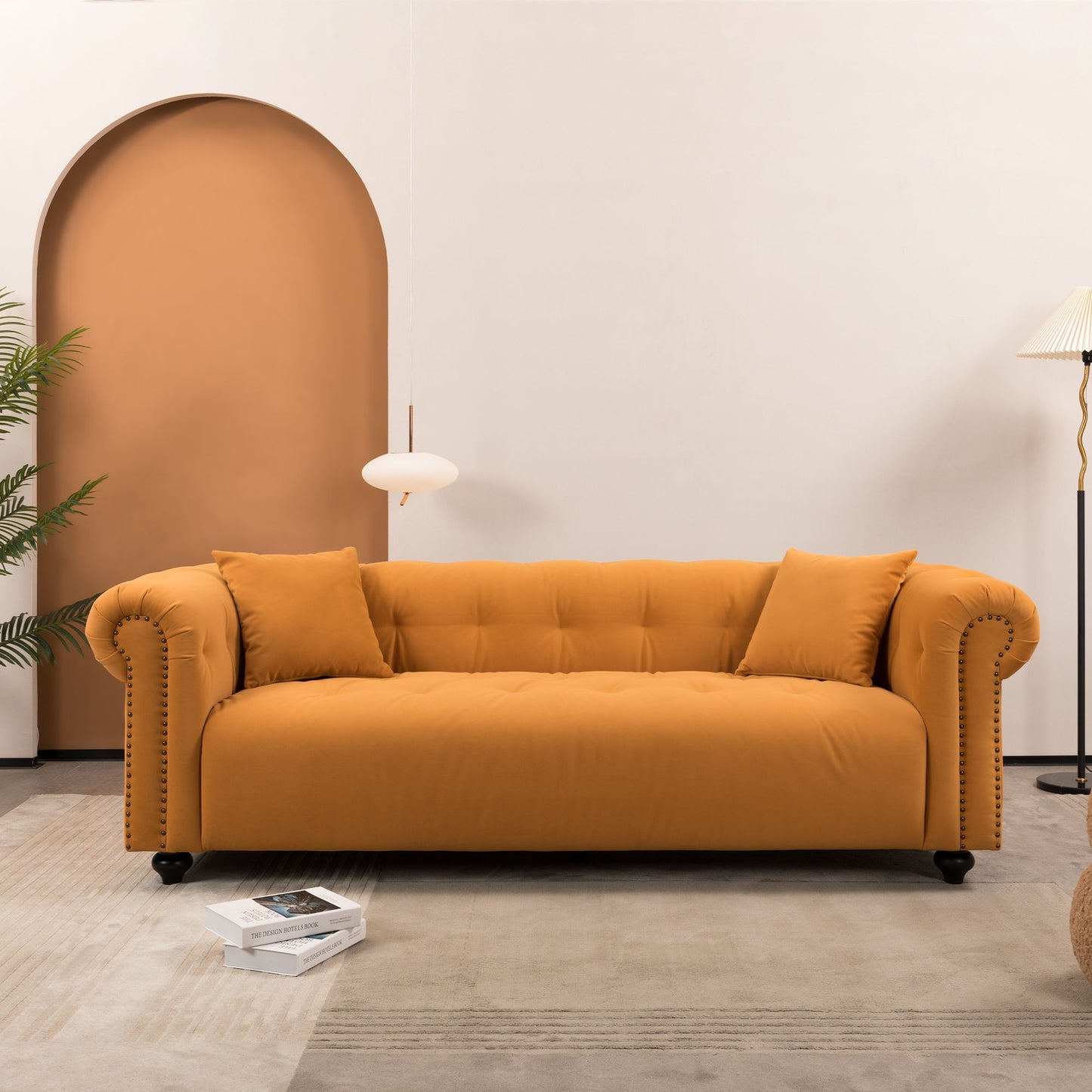 Retro Medieval Style Sofa With Roll Arms And Throw Pillows - Orange