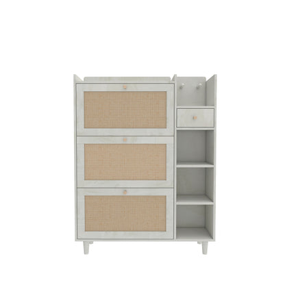 Natural Bohemia Style Shoe Cabinet, Shoe Rack Cabinet With 3 Rattan Flip Drawers, 3 Square Shelves And 1 Storage Drawer, Shoe Organizer With Mulit Storage Space And Hooks For Hallway, Entryway - White