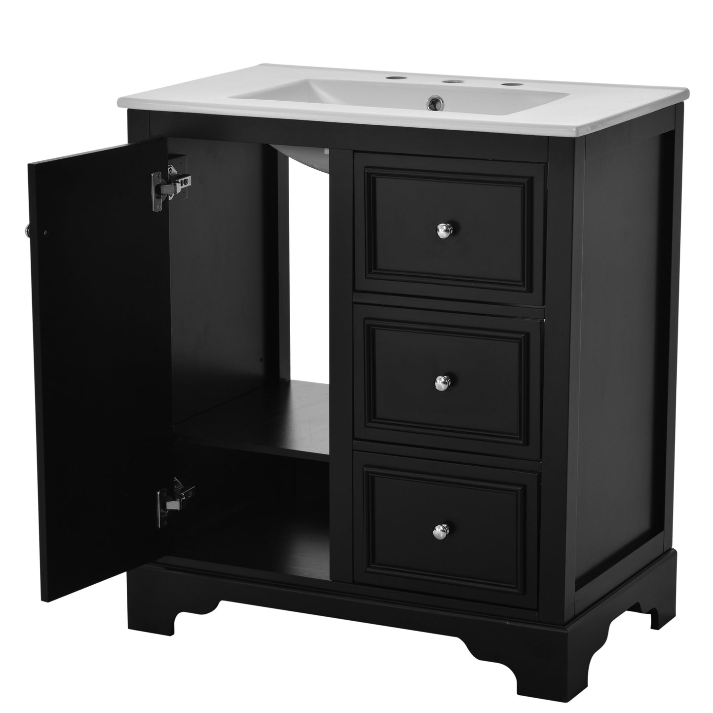 Bathroom Vanity Cabinet With Ceramic Basin, 3 Drawers And Adjustable Shelves - Black