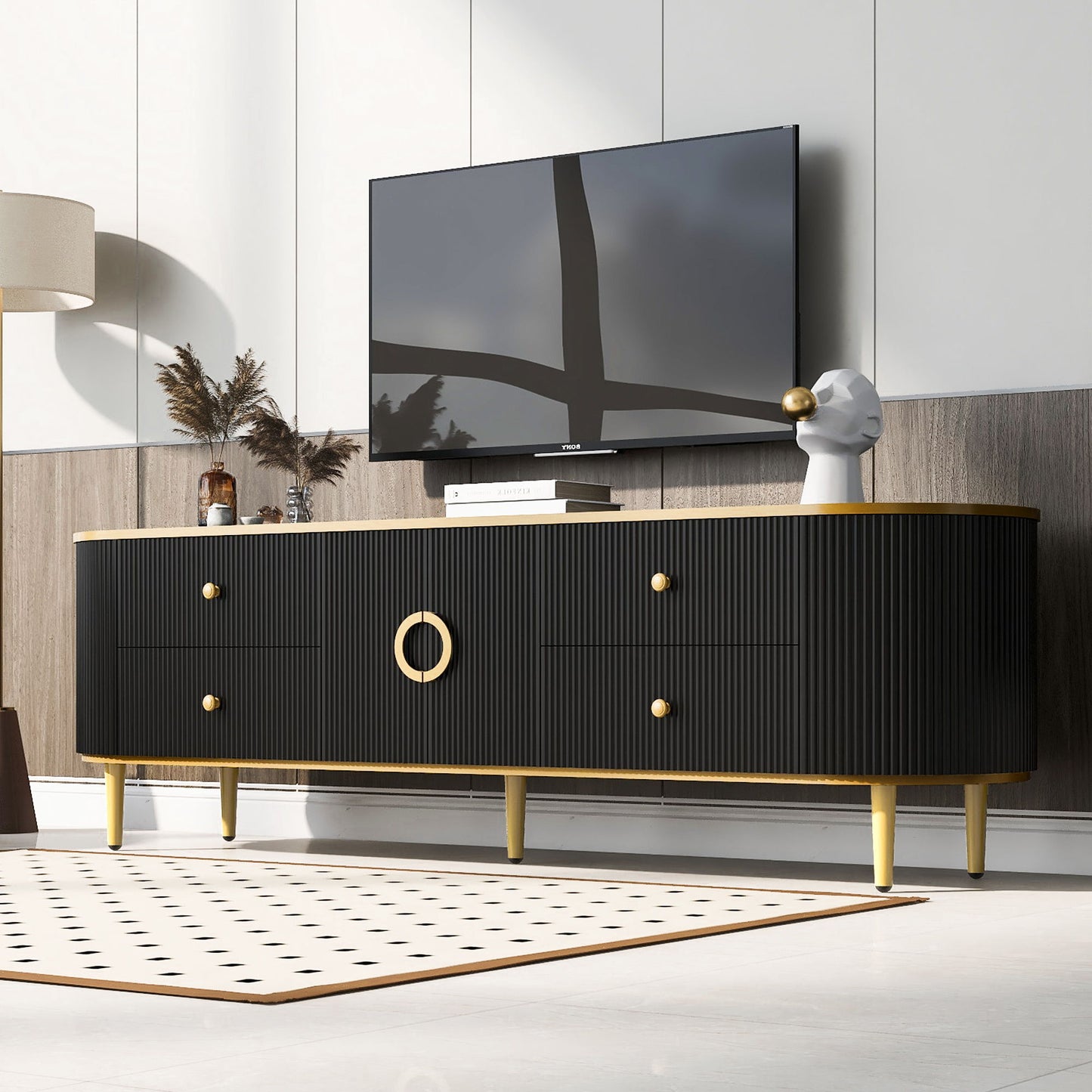 Modern TV Stand For TVs Up To 80", Entertainment Center With 4 Drawers And 1 Cabinet, Wood TV Console Table With Handles For Living Room - Black