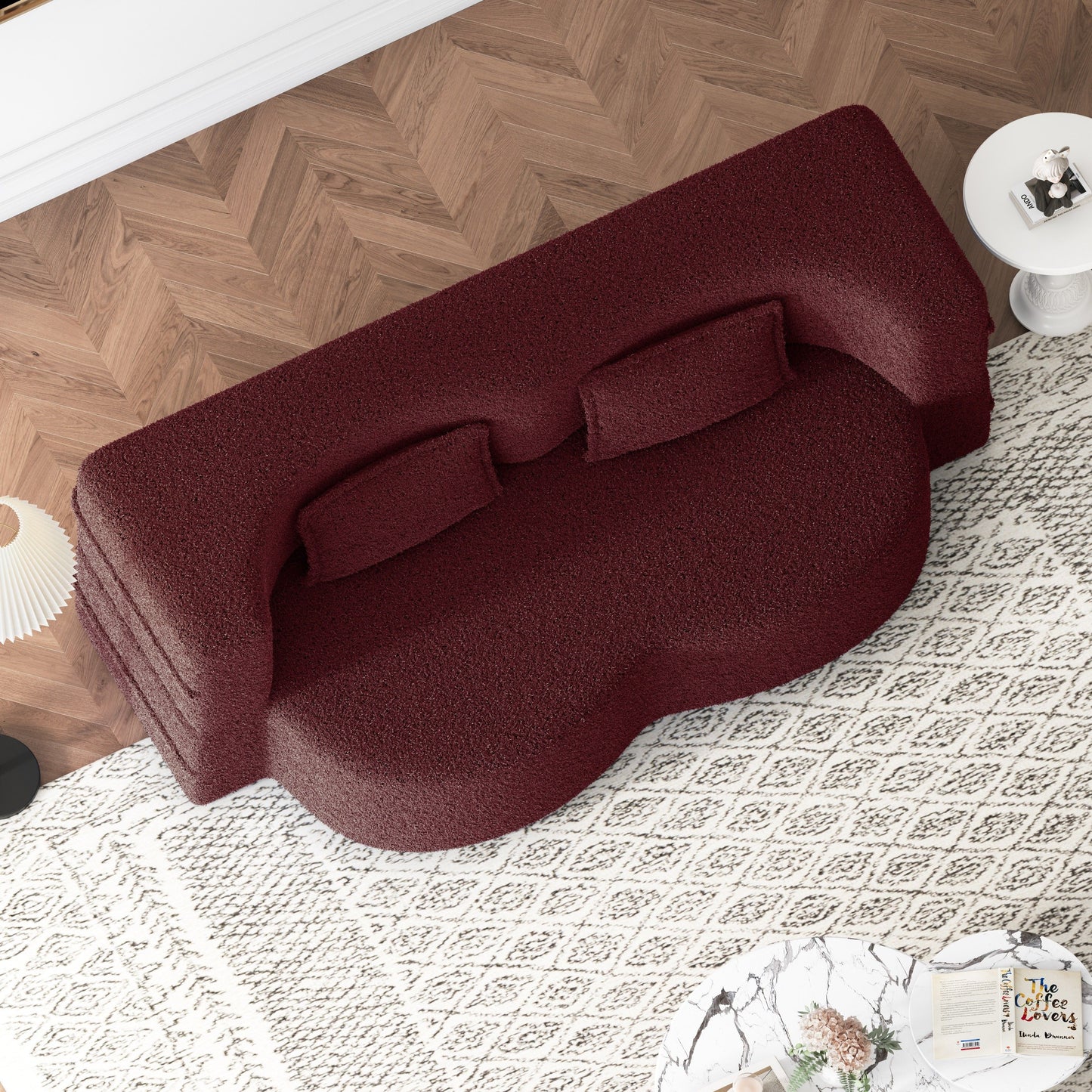 Modern Floor Sofa With 2 Pillows, Convertible Teddy Fabric Foam Filled Sleeper Sofa Bed, Full Size Folding Mattress For Living Room Guest Bed, Playroom, No Assembly Required - Burgundy