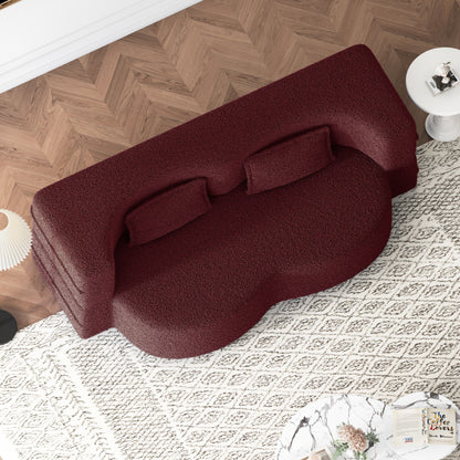 Modern Floor Sofa With 2 Pillows, Convertible Teddy Fabric Foam Filled Sleeper Sofa Bed, Full Size Folding Mattress For Living Room Guest Bed, Playroom, No Assembly Required - Burgundy