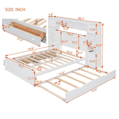 Full Size Bed With All In One Cabinet, Shelf And Sockets, Twin Size Trundle - White
