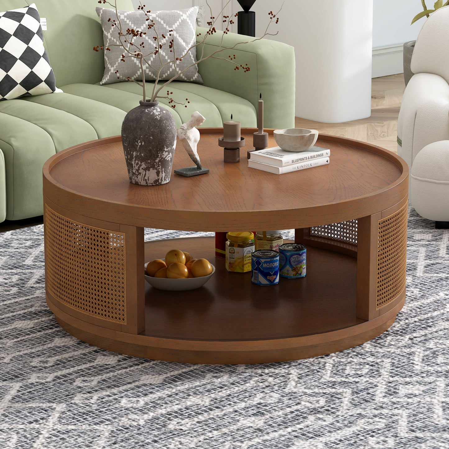 Wooden Mid-Century Modern Coffee Table, Round Cane Coffee Table With Side For Living Room - Brown