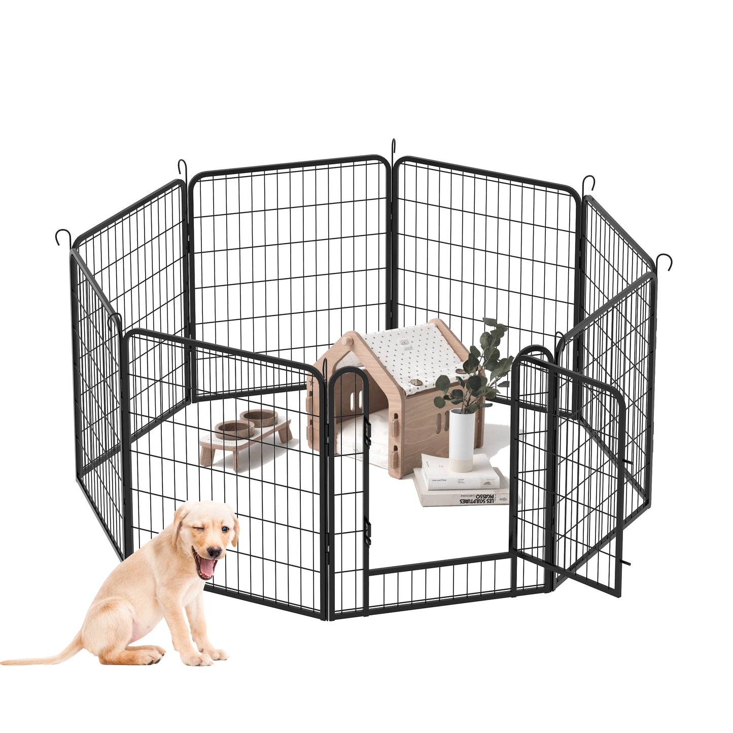 53.94" 8 Panels Heavy Duty Metal Playpen With Door, Dog Fence Pet Exercise Pen For Outdoor, Indoor - Black