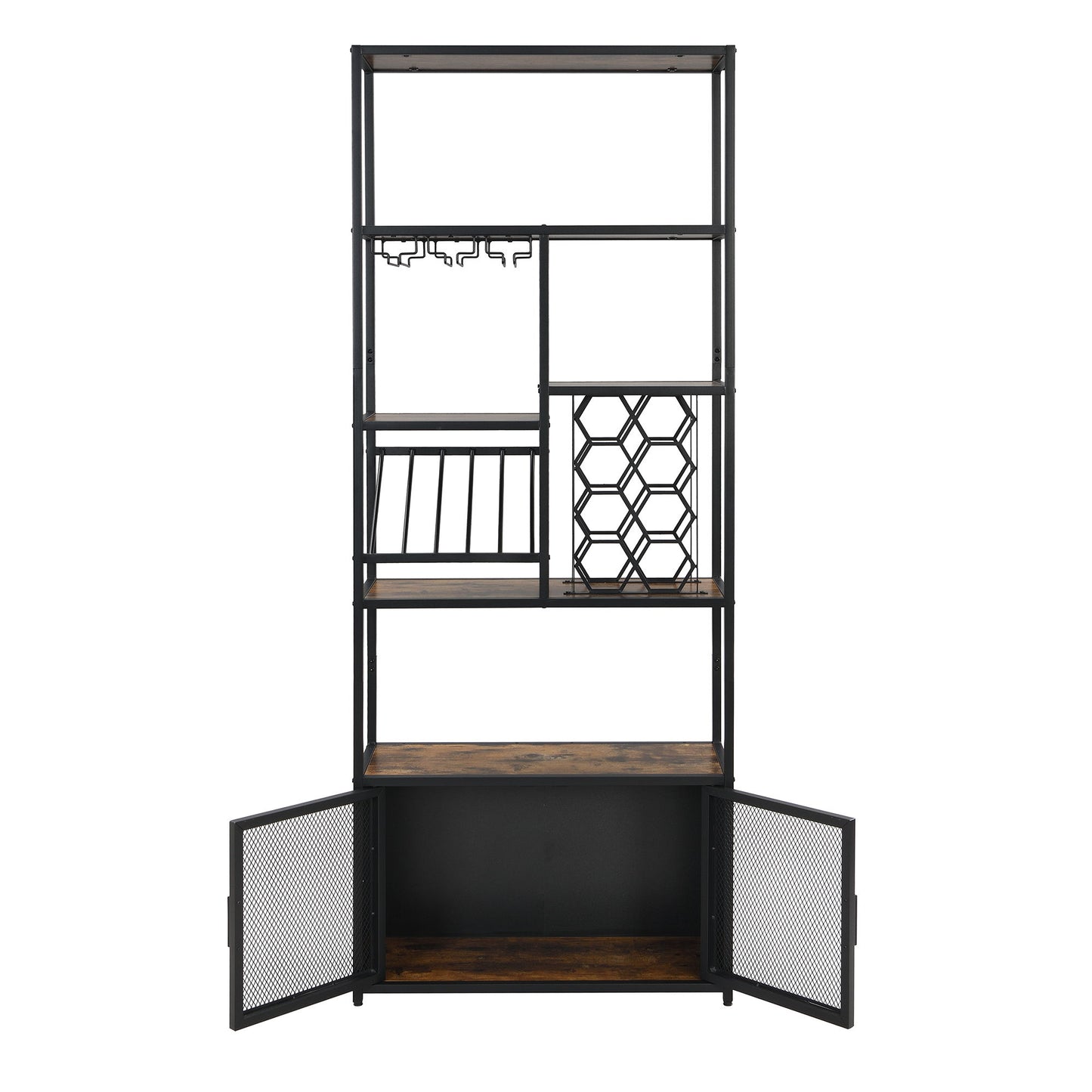 82.7" Industrial Standing Wine Rack With Glass Rack Tall Freestanding Floor Bar Cabinet - Walnut / Black