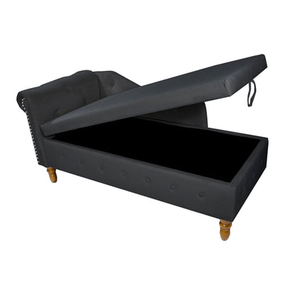 Chaise Lounge Indoor, Velvet Lounge Chair For Bedroom With Storage & Pillow, Modern Upholstered Rolled Arm Chase Lounge For Sleeping With Nailhead Trim For Living Room Bedroom Office - Black