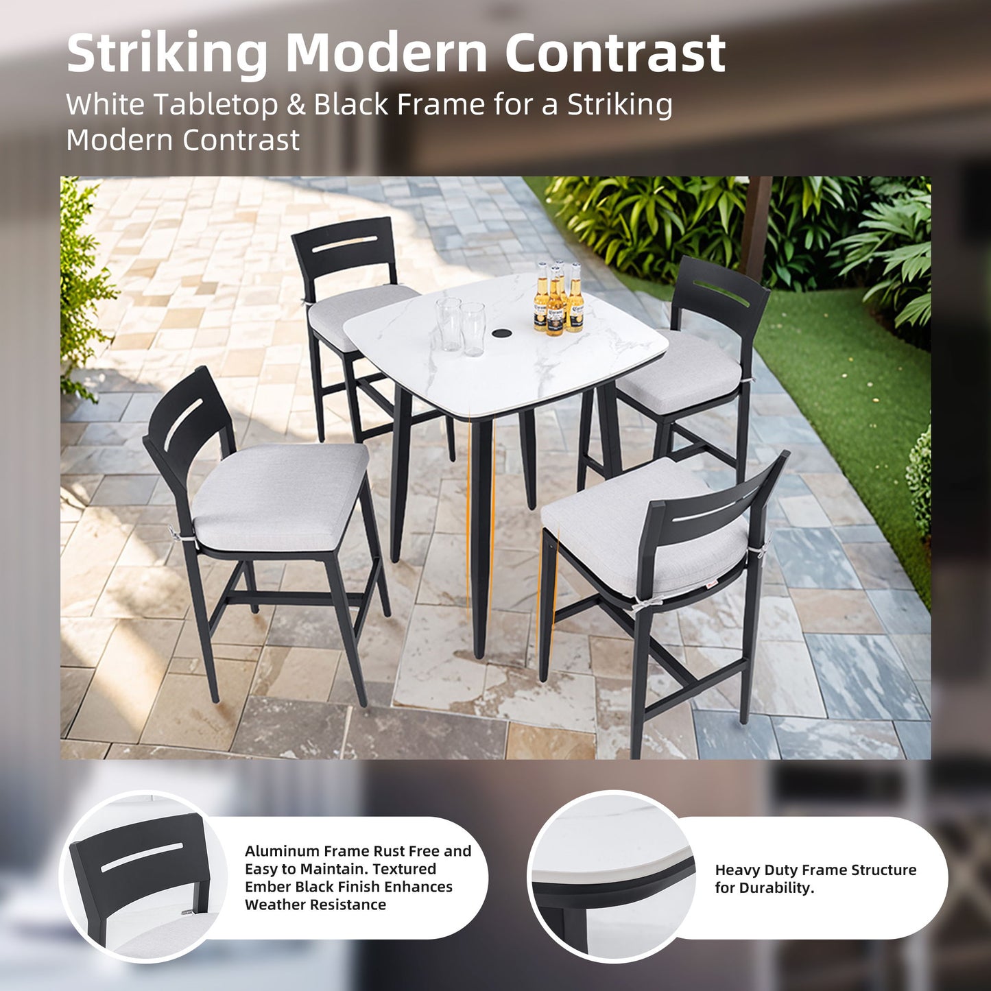 5 Pieces Modern Outdoor Bar Set, Sintered Stone Table With White Inspired Top & 4 Bar Stools, Sunbrella Cushions, Weather Resistant - Ember Black / White