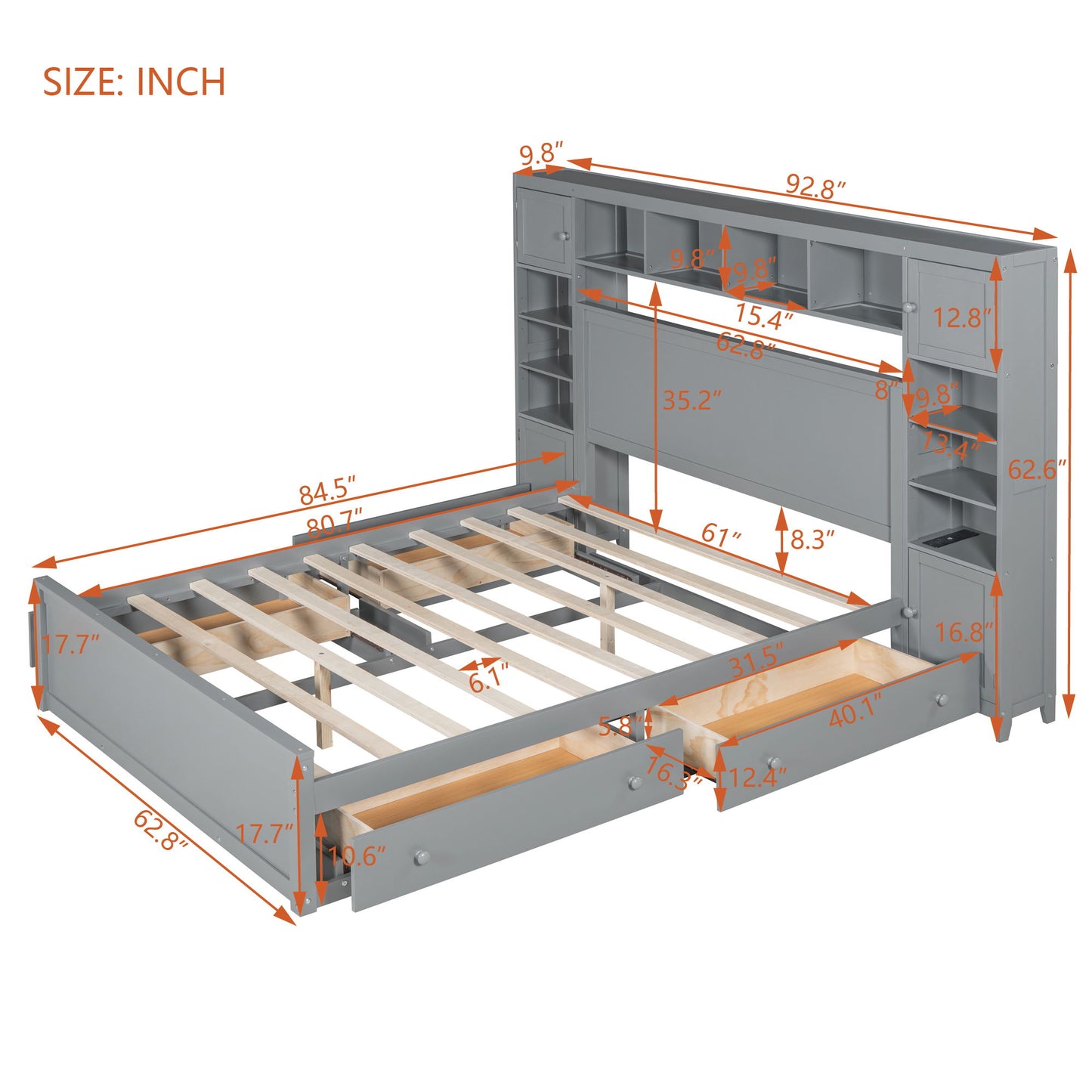 Queen Size Bed With All In One Cabinet, Shelf And Sockets - Gray