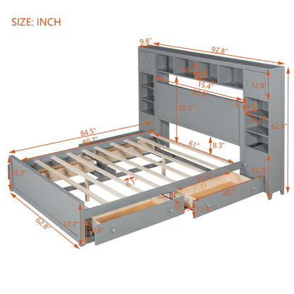 Queen Size Bed With All In One Cabinet, Shelf And Sockets - Gray